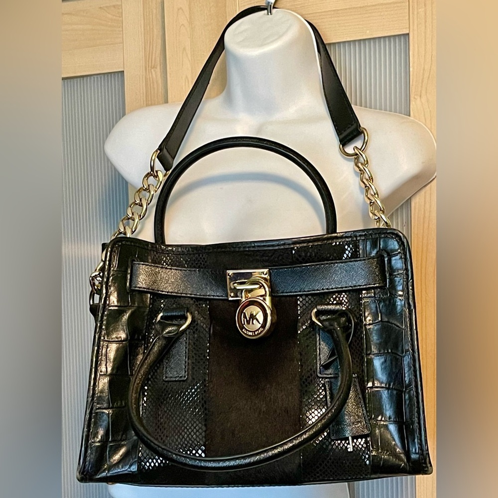 ❣️$398 ❣️ Michael Kors Black Calf Hair Croc Leather Shoulder Bag Purse - Picture 5 of 15